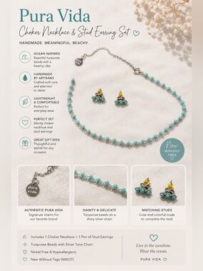 Pura Vida Turquoise Choker Necklace & Stud Earrings Set – NWOT